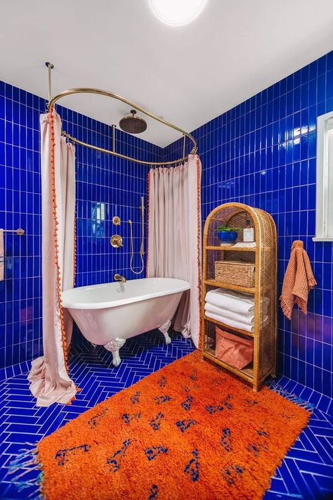 Pink Blue Bathroom, Maximalism Bathroom, Pink And Blue Bathroom, Maximalist Bathroom Decor, Winter Apartment, Maximalist Bathroom, Blue Shower Tile, Fixer Upper Bathroom, Blue Bathroom Tile