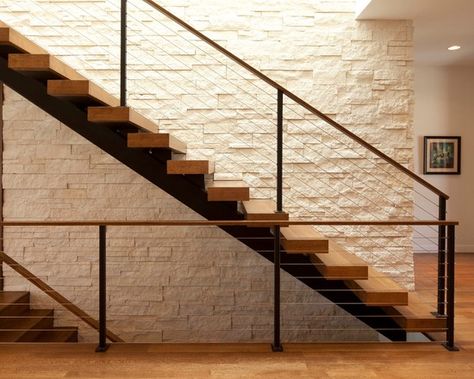 Staircase Design, Pictures, Remodel, Decor and Ideas - page 5 Stacked Staircase, Contemporary Stairs, Staircase Handrail, Stone Tile Wall, Stone Wall Cladding, Glass Stairs, Wood Railing, Staircase Wall, Open Staircase