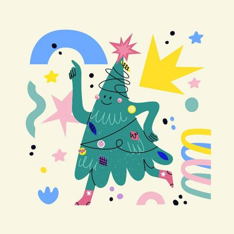 Vector funny decorated christmas tree ch... | Premium Vector #Freepik #vector Christmas Tree Character, Showing Emotions, Dancing Cartoon, Christmas Card Illustration, Christmas Graphic Design, Christmas Poster, Tree Illustration, Hand Drawn Vector, Christmas Cartoons