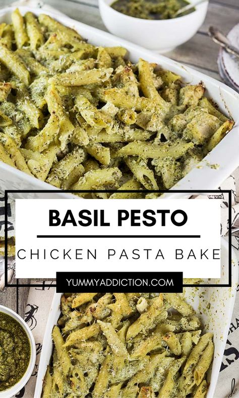 Meals Using Pesto, Homemade Pesto Chicken Pasta, Pasta Dishes Meal Prep, Pesto Chicken Pasta Casserole, Baked Pesto Chicken Pasta, Pesto Pasta Bake Recipes, Pesto Baked Pasta, Basil Pesto Recipes Dinner Ideas, Chicken Basil Pesto Recipes