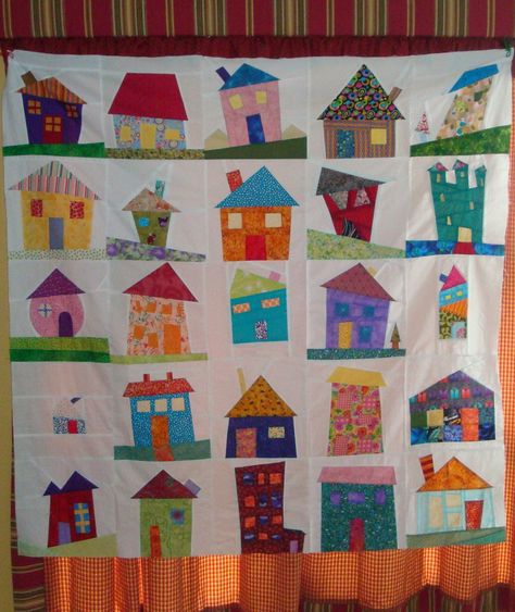 https://flic.kr/p/8aRgGH | .Wonky Houses | . Made from a swap.  Anyone have any ideas for the best way to quilt it? Wonky Houses Quilt Patterns Free, Wonky Quilt Blocks Patterns, Wonky House Quilt Blocks Free Pattern, Whimsical Quilts, Quilted Houses, Pineapple Applique, Wonky Houses, Painted Crosses, House Quilt Block