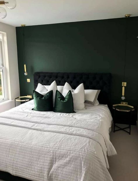 Dark Sage Green Room Ideas Bedroom, Dark Green Black Grey Bedroom, Hunter Green And Grey Bedroom, Green Bedroom Feature Wall Ideas, Black White And Dark Green Bedroom, Dark Grey And Emerald Green Bedroom, Black Headboard Green Bedding, Green Couples Bedroom, Dark Green Black And White Bedroom