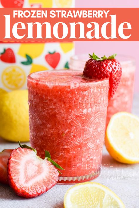 Glass full of frozen strawberry lemonade with a strawberry on the rim. Dance Around The Kitchen, Frozen Strawberry Lemonade, Frozen Strawberry, Summer Eats, Summer Eating, Strawberry Lemonade, Frozen Strawberries, Summer Treats, Kitchen Recipes