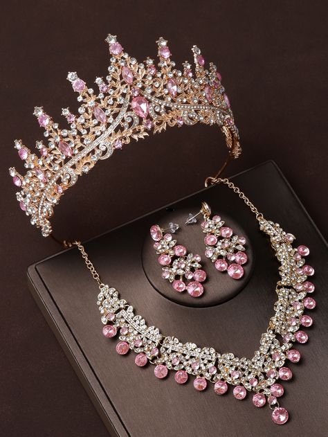 4pcs Women Rhinestone Crown Design Glamorous Bridal Headband & Jewelry Set For Wedding Party Royal Tiaras Gold         Wedding & Event, size features are:Bust: ,Length: ,Sleeve Length: Quince Rose Gold Crown, Pink Quince Crown Big, Quince Crowns Pink, Pink Quince Crown, Quinceanera Ideas Themes, Pink And Gold Crown, Quinceanera Crowns, Pink Wedding Accessories, Quince Crowns