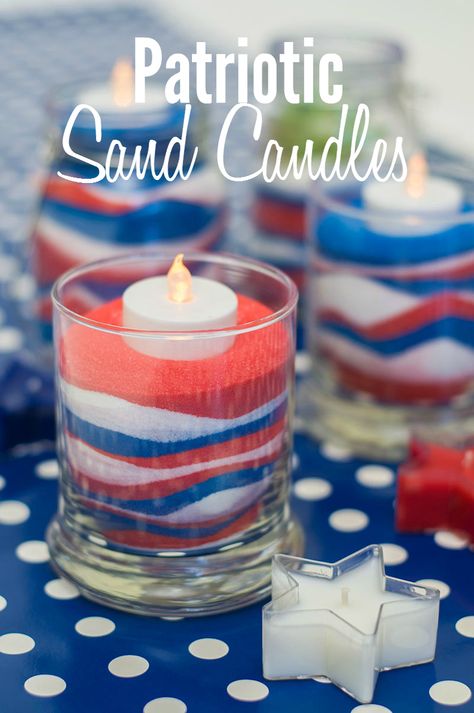 I loved the idea of making some DIY Patriotic Candles with sand. These would be awesome as centerpieces at a 4th of July party or Memorial Day BBQ. Sunrise Activities, Patriotic Candles, Patriotic Crafts Diy, Patriotic Centerpieces, Patriotic Diy, Memorial Day Decorations, Sand Candles, Fourth Of July Decor, Memorial Candle