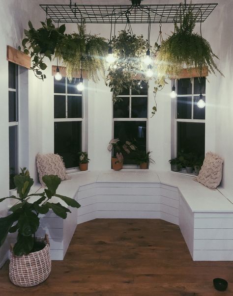 Window Seat Plants, Styling Bookshelves With Plants, Window Seat With Plants, Bay Window Plant Ideas, Bay Window With Plants, Diy Coffee Nook, Bay Window Plants, Kitchen Window Plants, Shower Plants