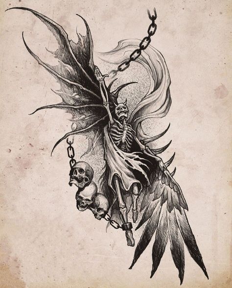 Haunting Tattoos Beautiful, Skull With Wings Tattoo, Evil Skull Tattoo, Masculine Tattoos, Line Tattoo Ideas, Choose Her, Scary Tattoos, Skull Art Drawing, Why Her