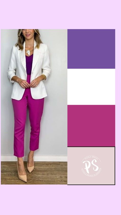 Purple Shirt Work Outfit, Fuschia Pants Outfit Work, Fucsia Outfit Combination, Magenta Outfit Color Combos, Purple Pants Outfit Work, Magenta Pants Outfit, Business Lunch Outfit, Outfits Fucsia, Colorful Business Casual