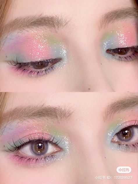 Cotton Candy Eye Makeup, Pastel Douyin Makeup, Soft Pastel Eye Makeup, Pastel Fairy Makeup, Pink And Blue Makeup Looks, Fairy Kei Makeup, Pastel Makeup Looks, Kawaii Makeup Aesthetic, Fairy Eye Makeup