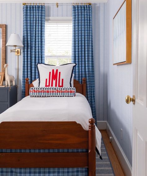 Nursery • Instagram Twin Beds Off Center Window, 2 Ottomans In Living Room, Boys Americana Bedroom, Preppy Boy Room, Red And Blue Boys Bedroom, Nantucket Bedroom, French Blue Bedroom, Blue Boys Bedroom, Boys Room Blue