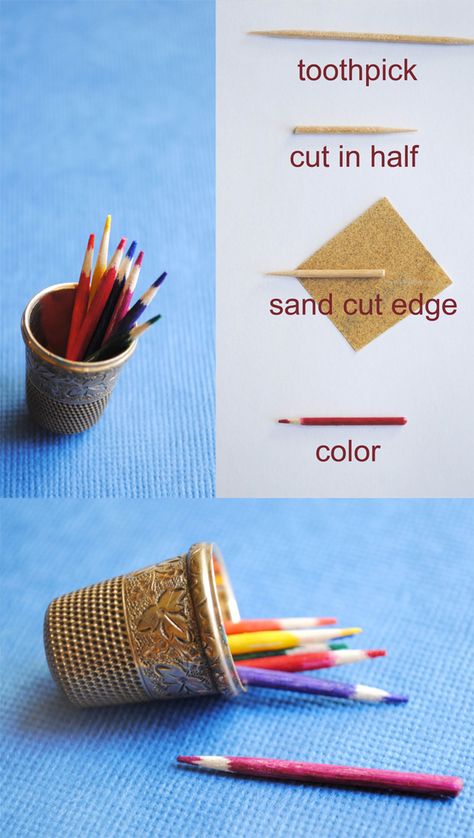 pamplemoussi:  Oh my gosh, I used to make hundreds of these little pencils for my dollhouse! (via the Hairpin)  This is how I made the colored pencils in the artist studio. Accessoires Barbie, Dollhouse Miniature Tutorials, Doll Furniture Diy, Doll House Plans, Mini Doll House, Doll House Crafts, Dollhouse Projects, Dollhouse Miniatures Diy, Mini Craft