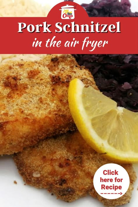 This wunderbar schnitzel is just like what your Oma used to make, but made quick and deliciously in the handy air fryer! This is so comparable to the traditional German schnitzel! For the full recipe, see https://www.quick-german-recipes.com/air-fryer-pork-schnitzel.html German Meals, Pork Schnitzel Recipe, Cream Puffs Easy, Best German Food, Schnitzel Recipe, Air Fryer Pork, Schnitzel Recipes, Cream Puff Recipe, Pork Schnitzel