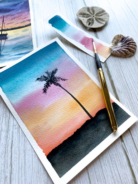 Water Colour Sunset Painting, 55 Very Easy Watercolor Painting Ideas For Beginners, Watercolor Sunset Easy, Sunset Watercolor Painting Easy, Water Coloring Painting Ideas, Sunrise Watercolor Painting, Watercolor Paintings Landscape, Aquarelle Ideas, Watercolor Skies