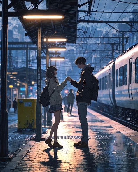 A touching scene where a couple ❤️ is saying goodbye at a train station, they are holding hands, looking into each other's eye, mix of emotions and hope... Train is in the background and the platform is bustling with activity, adding to the emotional weight of the moment. - ✫ ━━━━━━∙⋆⋅⋆∙━━━━━━ ✫ Follow ➠ @tech4vinay.ai ✫ ━━━━━━∙⋆⋅⋆∙━━━━━━ ✫ - - - #ailove #aiart #aiartcommunity #visionartai #stablediffusionai #midjourney #aitrend #artgallery Goodbye Illustration, Train Couple, Hug Illustration, Art Area, Book Writing, Book Writing Tips, Saying Goodbye, The Platform, Pose Reference Photo