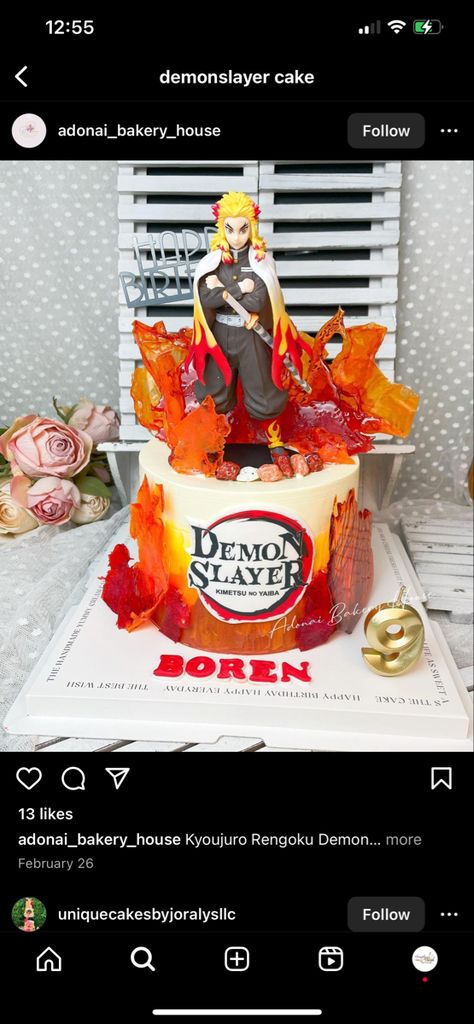 Demon Slayer Cake Design, Demon Slayer Cake Ideas, Demon Slayer Cake, Demon Slayer Rengoku, Anime Cake, Cake Decorating Designs, Cake Ideas, Demon Slayer, Birthday Parties