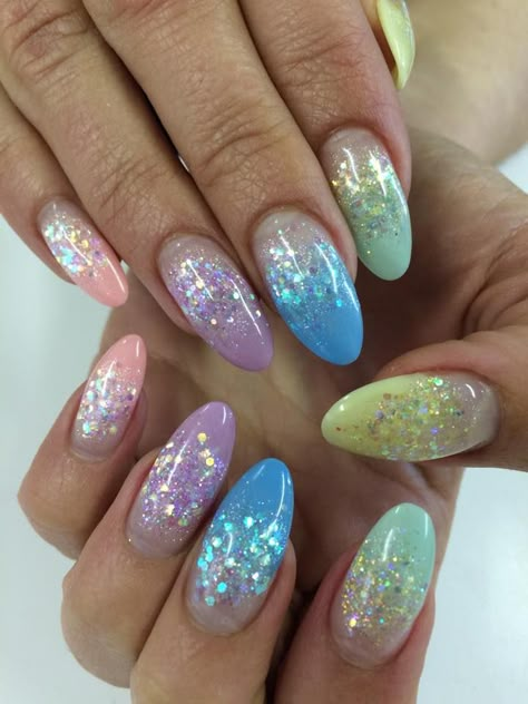 Pastel Rainbow Glitter Nails, Colorful Glitter Nails Acrylic, Sparkly Easter Nails, Rainbow Glitter French Tip Nails, Glitter Nails Rainbow, Rainbow Sparkly Nails, Glitter Nails Colorful, Pastel And Glitter Nails, Glitter Festival Nails