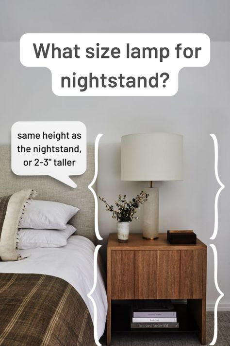 Bedside Picture Ideas, Large Table Lamps Bedroom, Lamp Height Rules, Tall Bedside Table Lamps, Night Table Height, Nightstand With Lamp Ideas, Bedside Table And Lamp, Table Lamp Height Guide, One Bedside Table In Bedroom