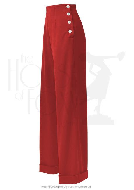 Sailor Trousers, 40s Outfits, Red Clothes, 30s Fashion, Style Trousers, Red Evening Dress, 40s Fashion, 1940s Fashion, Pantalon Large