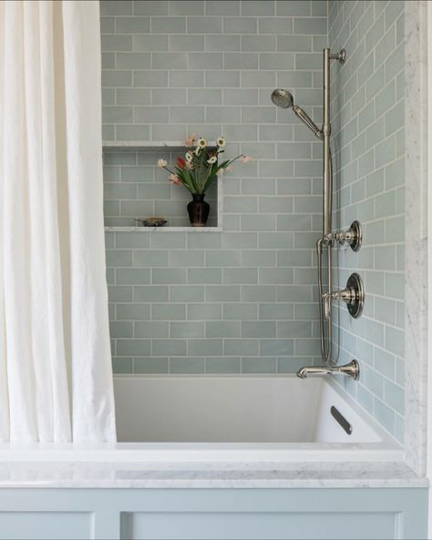 Small Deep Tub Shower Combo, Small Bathroom Ideas With Tub Farmhouse, Hall Bathroom Ideas With Tub, Marigold Bathroom, Farmhouse Tub Shower Combo, Bathtub With Shower Curtain, Bathtub Shower Combo Tile, Tiled Tub Shower Combo, Soaker Tub Shower Combo