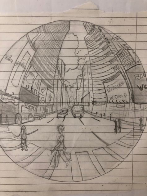 Worm's Eye View Drawing Perspective, 3pt Perspective Drawing, A View From The Top Drawing, Fish Eye City Drawing, First Perspective Drawing, Underview Perspective Face, Point Of View Art Perspective, 5 Point Perspective Drawing Person, Fish Eye Pov Drawing