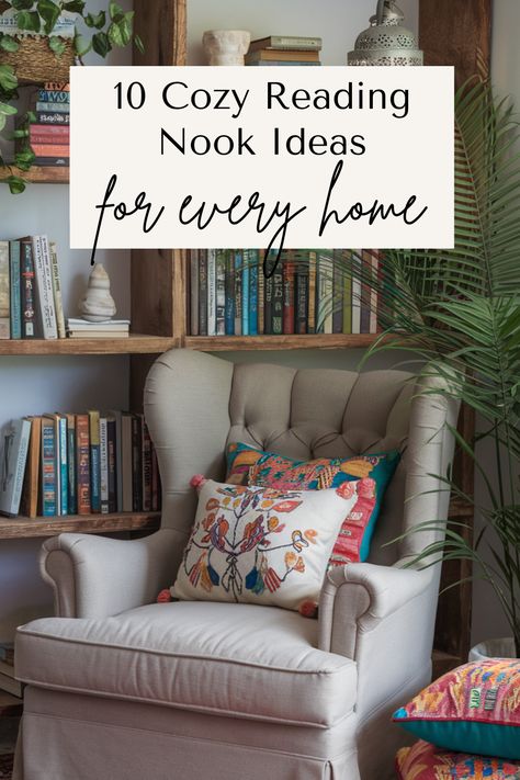 Creating a Cozy Reading Nook — 10 Ideas for Inspiration - Cheri from Texas Reading Snug Cozy Nook, Entryway Reading Area, Recliner In Bedroom Corner, How To Decorate A Reading Nook, Reading Corner Gallery Wall, Reading Nook In Loft, Tiny Book Nook Ideas, Reading Nook And Office, Reading Corner Home Decor