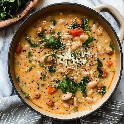 White Bean Tuscan Soup, Tuscan Bean Soup Recipe, Tuscan Soup Recipes, Soup Tuscan, White Bean Sausage Soup, Tuscan White Bean Soup, Butter Bean Soup, Bean And Sausage Soup, Tuscan White Bean