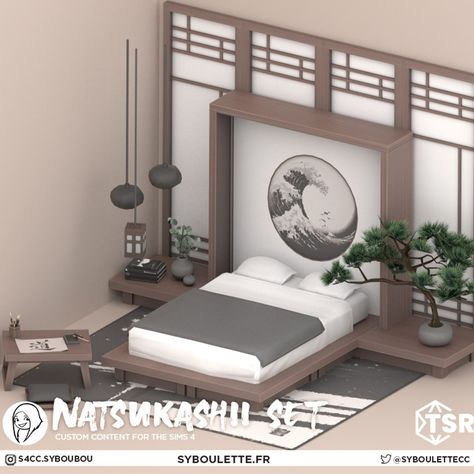 Asian Cc Sims 4, Japanese Themed Bedroom, Sims 4 Japanese House, Sims4 Builds, Korean Furniture, Asian Room, Asian Bedroom, Japanese Bed, Japanese Bedroom