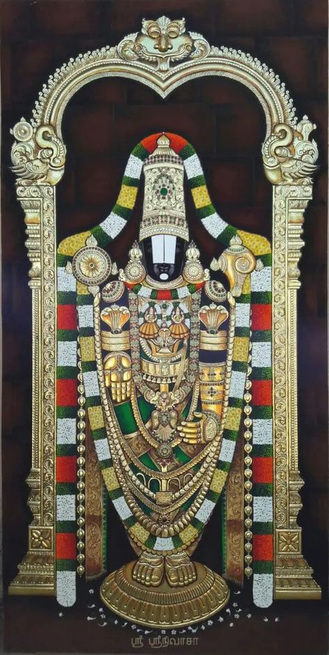 Perumal #1 - Tanjore painting (18" x 24") - International Indian Folk Art GalleryTanjore Paintings is a classical South Indian art developed in the Late 16th Century in Thanjavur also known as Tanjore in Tamilnadu South Indian State. These Tanjore Paintings evoke a sense of class and timelessness with their alluring illustrations of puranic scenes. This Ancient Art form traces its origin to Tanjavur, capital of the Erstwhile Chola Empire An exquisite selection of traditional and famous ... Lord Balaji Tanjore Painting, Perumal Painting, South Indian Art, Indian Quilts, Tanjore Art, Mysore Painting, Indian Traditional Paintings, Ancient Indian Art, Tanjore Paintings