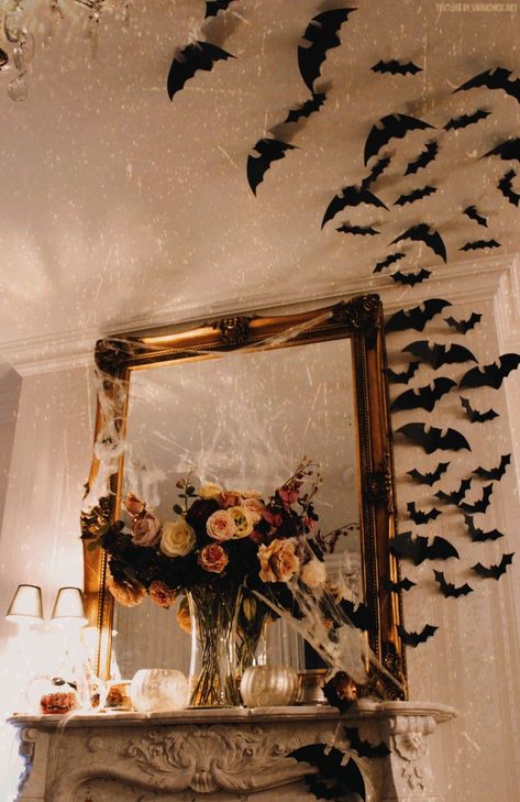 Halloween Bats Fireplace, Witchy Porch Decor, Halloween Gothic Decor, Parisian Halloween, Bats Fireplace Halloween, Victorian Fall Decor, Romantic Halloween Decor, Restaurant Halloween Decor, Gold Halloween Decor