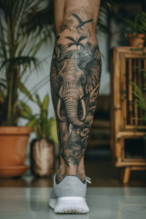 Inspiring Elephant Tattoo Ideas with Symbolism Elephant Africa Tattoo, Elephant Calf Tattoos For Women, Sleeve Tattoos Elephant, Male Elephant Tattoo, Animal Themed Leg Sleeve, Elephant Arm Sleeve Tattoo, Chinese Elephant Tattoo, Elephant In The Room Tattoo, Men Elephant Tattoos