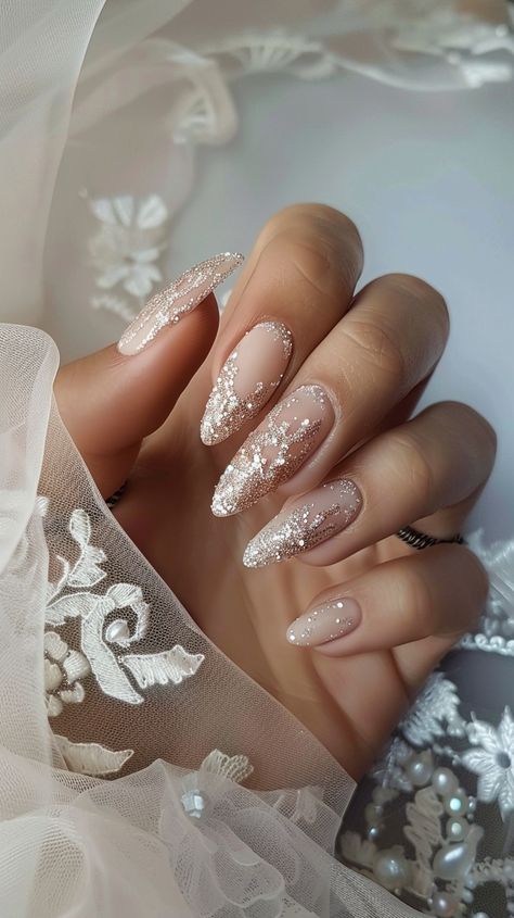 Elegant Acrylic Nail Designs, Wedding Day Nails For Bride Almond, Nail Wedding For Bride, Wedding Nails 2024, Bride Nails Wedding Elegant, Nail Art Bride, Bride Nail Art, Marriage Vibes, Bridal Nail Designs