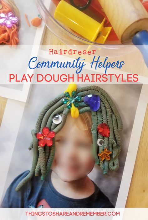 Play Dough Hair Styles » Share & Remember | Celebrating Child & Home  Community Helpers | Experience Early Learning Preschool Curriculum   #ExperienceEarlyLearning #preschool #CommunityHelpers #preschoolart #craftsforkids #preschoolactivities #preschooltheme #finemotorskills #earlylearning #preschoolcurriculum #toddleractivities Hair Salon Preschool Activities, Preschool Career Activities, Hair Salon Preschool, Making Play Dough, January Preschool, Community Helpers Activities, Community Helpers Preschool Activities, Hair Dressers, Childcare Ideas