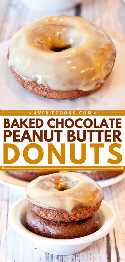 Baked Chocolate-Peanut Butter Donuts with Vanilla-Peanut Butter Glaze - Averie Cooks Easy Baking Recipe, Peanut Butter Glaze, Cake Donuts Recipe, Homemade Donuts Recipe, Butter Glaze, Baked Doughnuts, Baked Donut Recipes, Averie Cooks, Baking Recipe