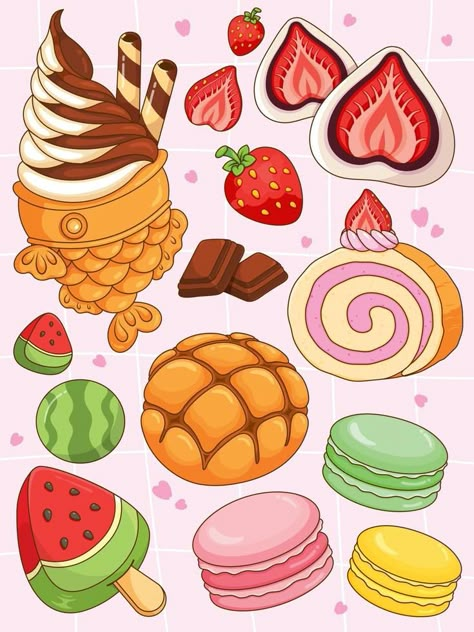 Macaroons Drawing, Macaroon Drawing, Recipes Illustration, Taiyaki Ice Cream, Strawberry Roll, Melon Pan, Strawberry Roll Cake, Japanese Dessert Recipes, Japanese Food Illustration