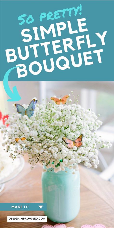 Make a gorgeous DIY bouquet using baby's breath and paper butterflies. Use a turquoise painted mason jar as the vase. Perfect for Mother's Day or a baby shower bouquet or centerpiece! Diy Mother’s Day Decorations, Mothers Day Centerpieces, Mothers Day Centerpiece Ideas, Mother’s Day Decor, Mother’s Day Decoration Ideas, Paper Flower Hanging, Flower Hanging Wall, Mothers Day Decorations, Baby Shower Bouquet