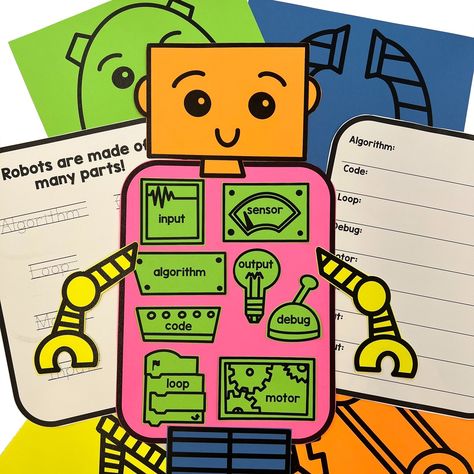 Robot Craftivity ✨ Review robot parts in a fun way and then have students create a robot that focuses on and reinforces vocabulary. Plus, the best part is that once their robots are complete, they make adorable bulletin board decor or an activity to put out at open house. Comment ROBOT to learn more! #stemteachers #iteachstem #steamteachers #stemeducation #stemteacher #iteachsteam #technologyeducation #teched Elementary Computer Lab, Basic Coding, Technology Lab, Robot Parts, Lab Activities, Computer Class, Stem Teacher, Interactive Presentation, Teacher Technology