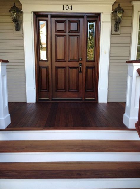 Here's a recent project we completed on a house in the Northwest suburbs of Chicago: The Refinishing of an Ipe Wood Front Porch Floor. #WoodRefinishing #BrazilianWalnut Farmhouse Front Porch Decor, Brown Front Doors, Ipe Wood, Porch Makeover, Farmhouse Front Porches, Painted Stairs, Porch Steps, Porch Flooring, Front Steps