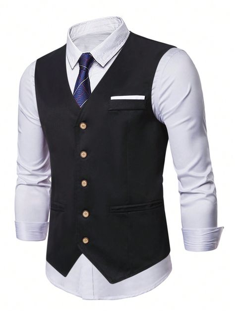 Men 1pc Button Front Waistcoat For Work Black Work  Sleeveless Fabric Plain  Non-Stretch  Men Plus Size Clothing, size features are:Bust: ,Length: ,Sleeve Length: Ben Silver, Men Waistcoat, Mens Waistcoat, Men's Waistcoat, Plus Size Suits, Men Plus Size, Black Work, Vest Shirt, Suit Separates