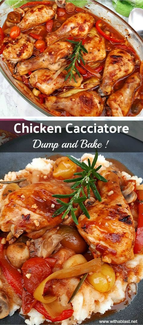 Saucy Baked Chicken, Chicken Cacciatore Recipe Easy, Chicken Caccatorie Recipes, Saucy Chicken Recipes, Baked Chicken Cacciatore Oven, Easy Chicken Cacciatore, Chicken Cacciatore Freezer Meal, Skillet Chicken Cacciatore, Quick Chicken Cacciatore