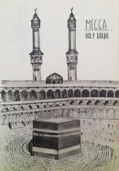 Kaaba Pencil Drawing, Mosque Drawing Islamic Art, Saudi Arabia Drawing, Sketches Islamic, Kaaba Sketch, Islamic Drawings Art Pencil, Mecca Drawing, Makkah Drawing, Kaaba Drawing