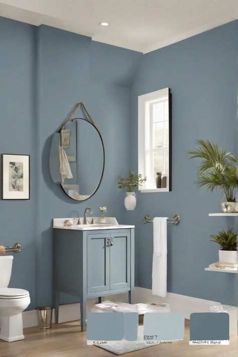 Home interior design, interior bedroom design, kitchen designs, living room interior Smoky Blue Bathroom, Smokey Blue Bathroom, Smokey Blue Cabinets, Dusty Blue Bathroom, Blue Bathroom Paint, Painting Bathroom Cabinets, Green Kitchen Cabinets, Smoky Blue, Paint Color Schemes