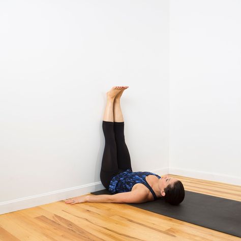 Health Benefits of Legs-Up-the-Wall Pose | POPSUGAR Fitness Pose Against Wall, Wall Yoga, Legs Up The Wall, Yoga Inversions, Restorative Yoga Poses, Chair Pose, Easy Yoga Poses, Yoga Posen, Relieve Back Pain