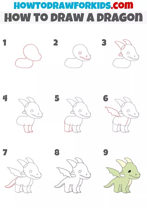 Easy Dragon Doodle, Dragon Doodles Easy, How To Draw A Dragon Step By Step, Dragon Drawing Simple, Dragon Drawing Tutorial, How To Draw A Cartoon Dragon, How To Draw A Dragon, Draw Dragon Easy For Kids, Basic Dragon Drawing