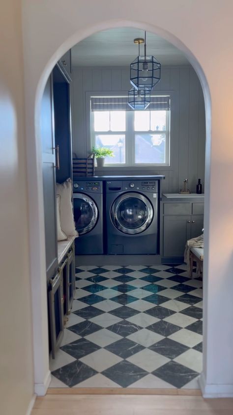 There are so many ways we saved money with our laundry/mud room remodel. We chose this porcelain checkered tile from Home Depot that was… | Instagram Utility Room Checkered Floor, Checkerboard Tile Laundry Room, Checker Floor Laundry Room, Laundry Room With Checkered Floor, Checkerboard Floor Laundry Room, Checkered Tile Laundry Room, Black And White Tile Laundry Room, Checkered Laundry Room, Laundry Room Checkered Floor