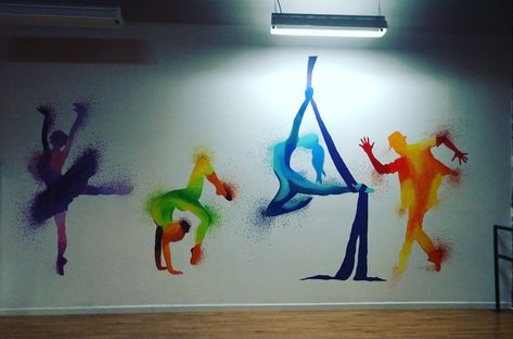 Wrapped up this colorful mural in a local dance studio last weekEnjoy Dance Studio Mural Ideas, Dance Murals Wall Art, Dance Studio Design Interiors, Diy Wall Painting Ideas Creative, Dance Graffiti, Studio Mural, Dancing Studio, Wall Painting Ideas Creative, Dance Studio Design