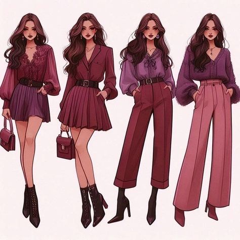 Wardrobe capsule: Maroon, purple & Brown #sincreations #wardrobecapsule Outfits Lookbook, Maroon Purple, Fashion Drawing Sketches, Wardrobe Capsule, Ink Crafts, High Fashion Outfits, Purple Outfits, Fashion Figures, Fashion Inspiration Design