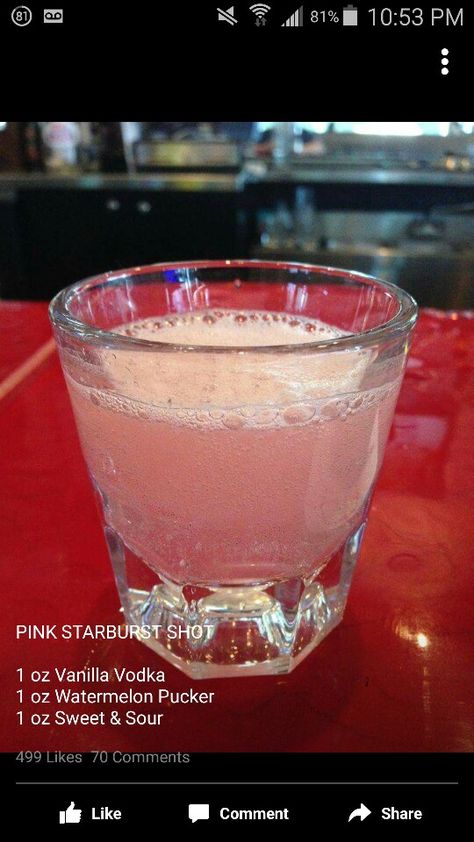 Perfect & easy "girly shot" for you know who... Fruity Mixed Drinks, Pink Starburst, Vanilla Vodka, Boozy Drinks, Fancy Drinks, Shot Recipes, Jello Shots, Alcohol Drink Recipes, Drinks Alcohol Recipes