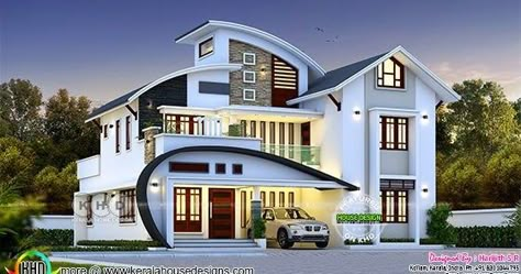 Beautiful C-Curve roof 5 bedroom house in an area of 2666 square feet by Harijith S R, Kollam, Kerala. New Model House, Kerala Home, 2 Storey House Design, House Roof Design, Small House Elevation, Modern Exterior House, Small House Elevation Design, Free House Plans, Kerala House