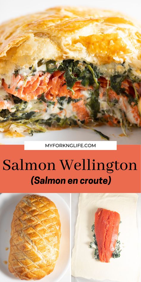 Salmon En Croute Recipe, Salmon In Puff Pastry, Salmon Wellington Recipe, Salmon En Croute, Salmon Wellington, Wellington Recipe, Seafood Pizza, Puff Pastries, Fish Dinner Recipes