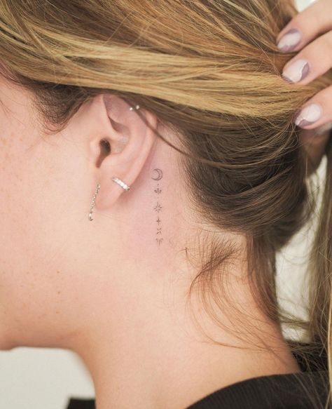 Vertical Behind Ear Tattoo, Fine Line Ear Tattoos For Women, Behind Ear Tattoo Fine Line, Micro Tattoos For Women Behind Ear, Fantasy Fine Line Tattoo, Fine Line Behind Ear Tattoo, Beside Ear Tattoo, Moon Behind Ear, Fine Line Neck Tattoo